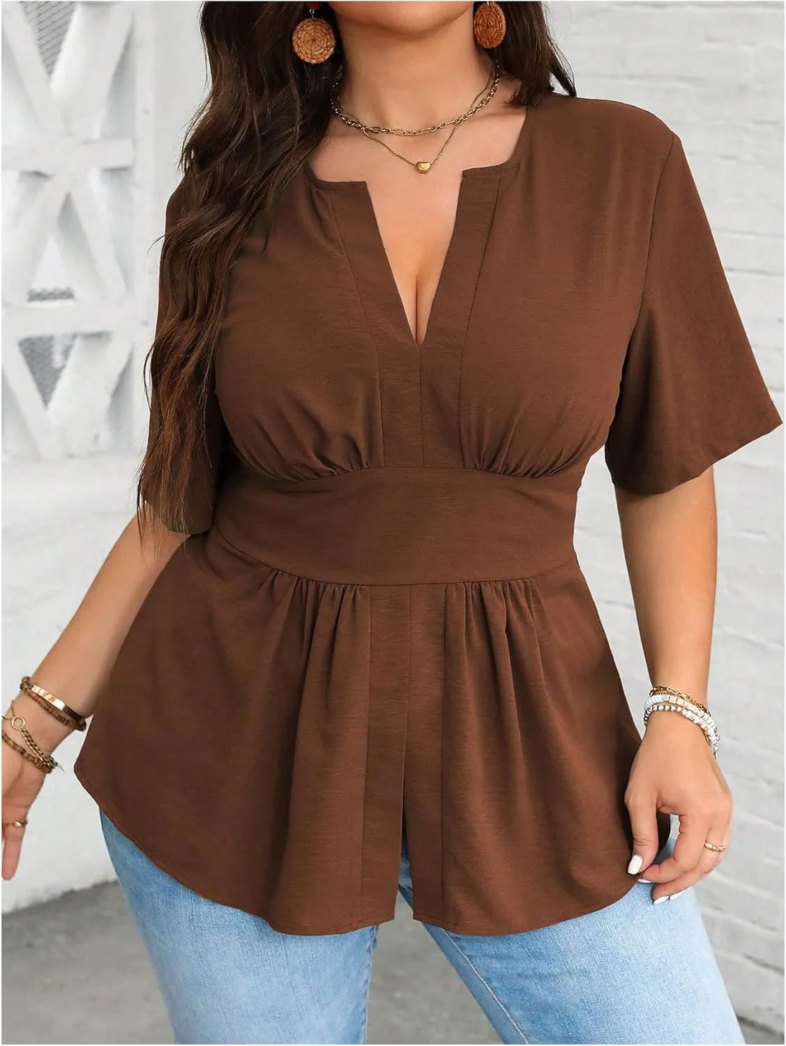 GORGLITTER Women's Plus Size Peplum Tops Short Sleeve V Neck Asymmetrical Blouse Shirts Summer Going Out Tops 2025
