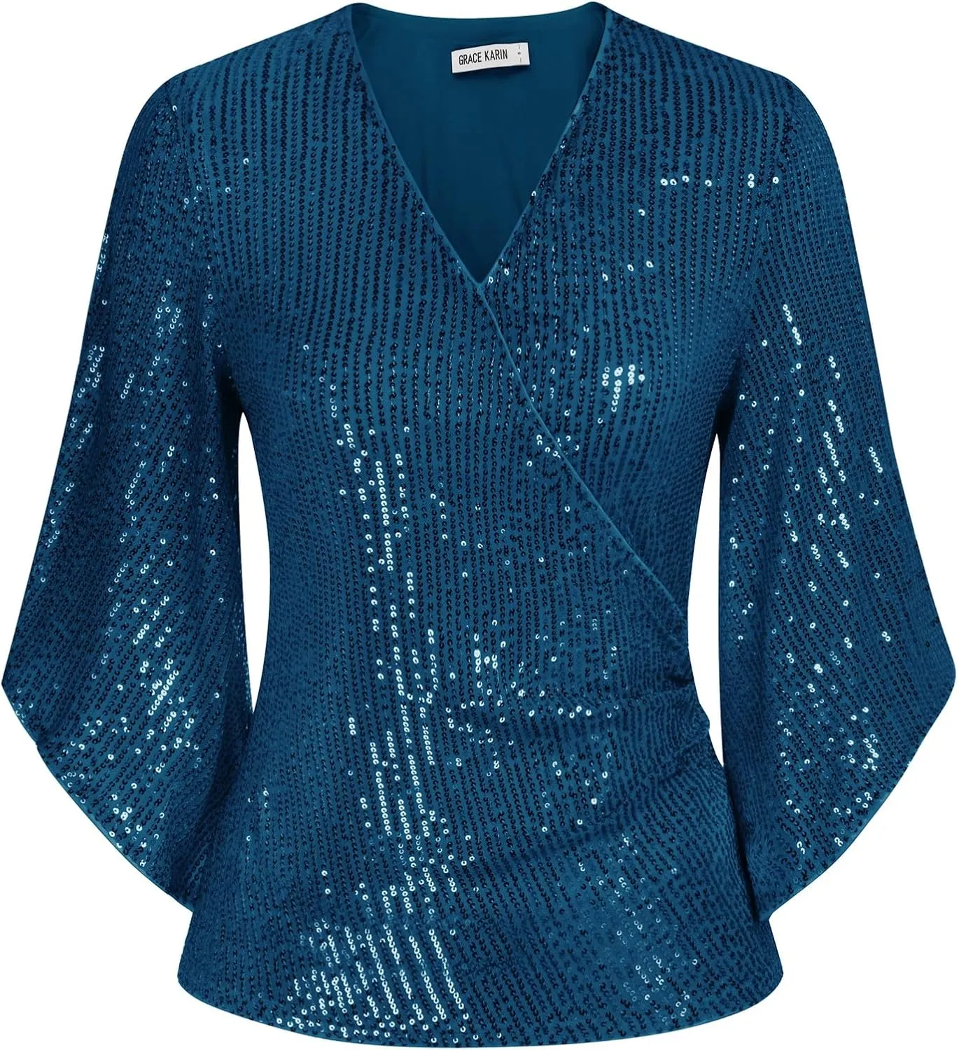 GRACE KARIN Womens Sequin Tops 3/4 Sleeve Glitter Sparkly Party Blouse V-Neck Dressy Tops for Evening Party