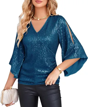 GRACE KARIN Womens Sequin Tops 3/4 Sleeve Glitter Sparkly Party Blouse V-Neck Dressy Tops for Evening Party