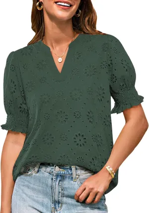 GRACE KARIN Women's Summer Tops Puff Short Sleeve V Neck Blouses Hollow Out Lace Embroidered Blouses Shirts