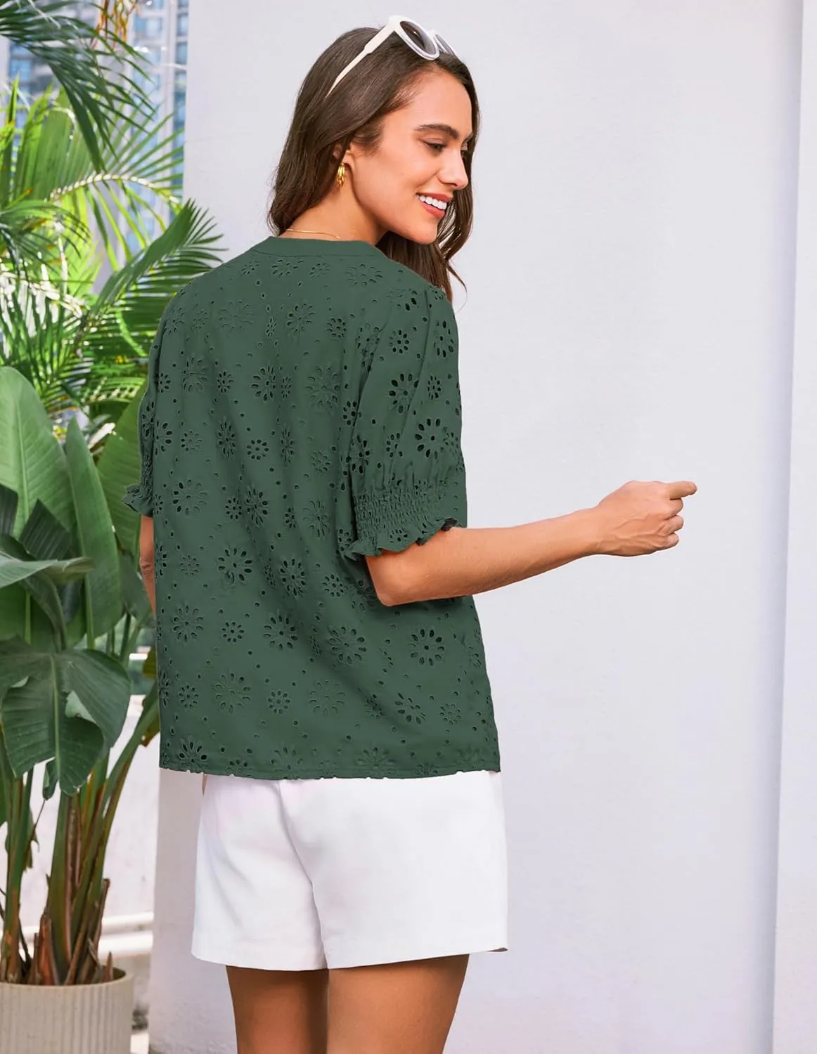 GRACE KARIN Women's Summer Tops Puff Short Sleeve V Neck Blouses Hollow Out Lace Embroidered Blouses Shirts