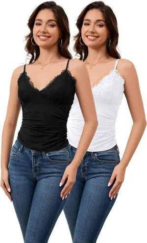 H HIAMIGOS Camisole Tops for Women V Neck Lace Undershirt, Soft Cotton Spaghetti Strap Cami for Ladies Pack of 2
