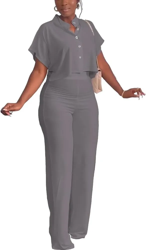 HBQ Women's Summer 2 Piece Outfits Casual Tracksuit Short Sleeve Button Down Crop Top Wide Leg Long Pant Lounge Sets