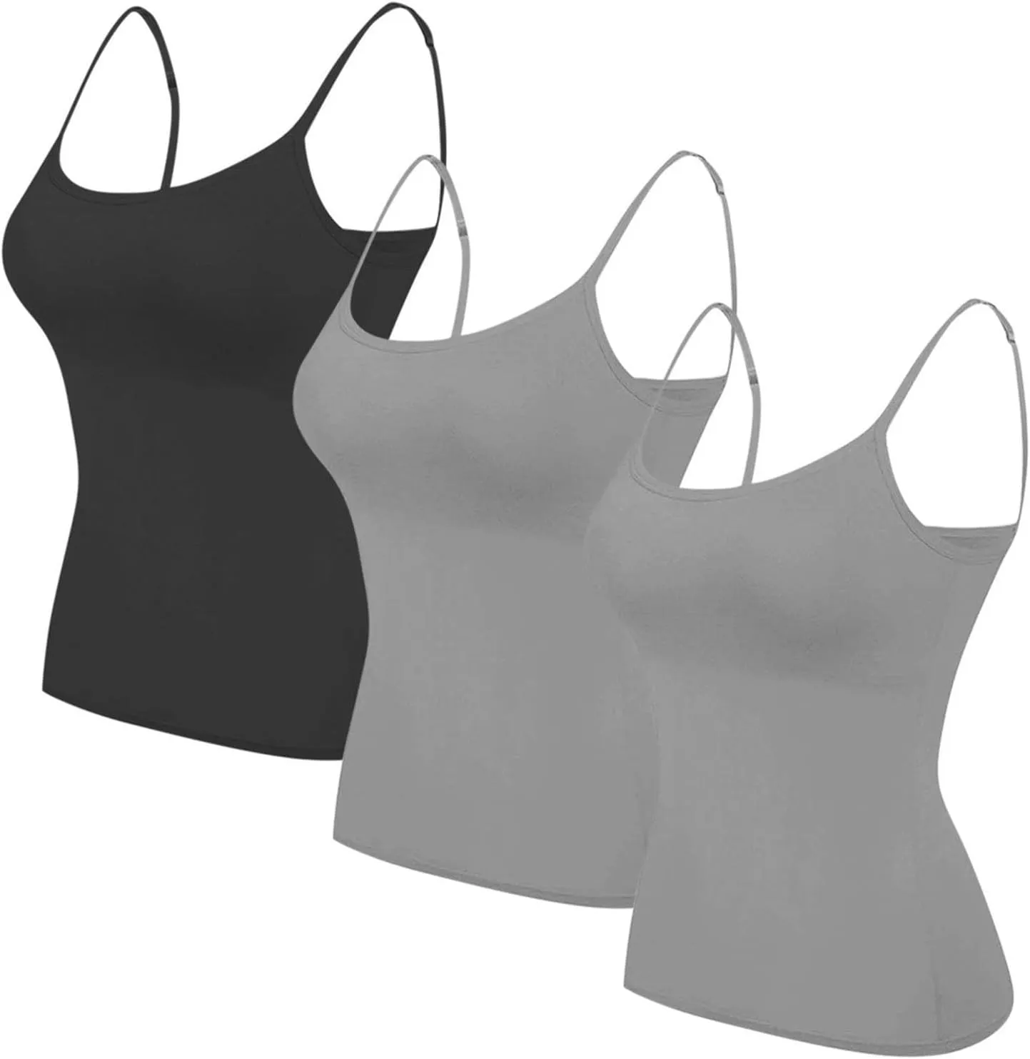 HGps8w 3 Pack Basic Camisoles for Women Bulit-in-Bra Sleeveless Undershirt Solid Color Padded Base Layer Tank Top Cami Shirts