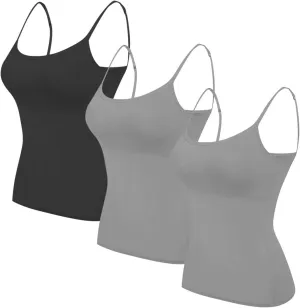 HGps8w 3 Pack Basic Camisoles for Women Bulit-in-Bra Sleeveless Undershirt Solid Color Padded Base Layer Tank Top Cami Shirts