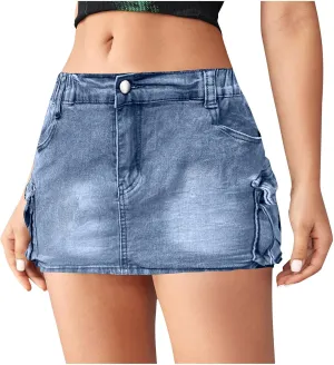 High Stretchy Cargo Skirt for Women, Low Waist High Waisted Y2k Mini Jean Skirt Cute Denim Skirt with Pockets