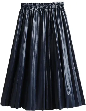 High Waist Vintage Pleated Midi Women Skirts Winter PU Faux Leather Skirts Navy Blue