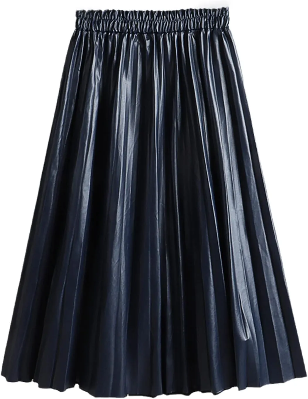 High Waist Vintage Pleated Midi Women Skirts Winter PU Faux Leather Skirts Navy Blue