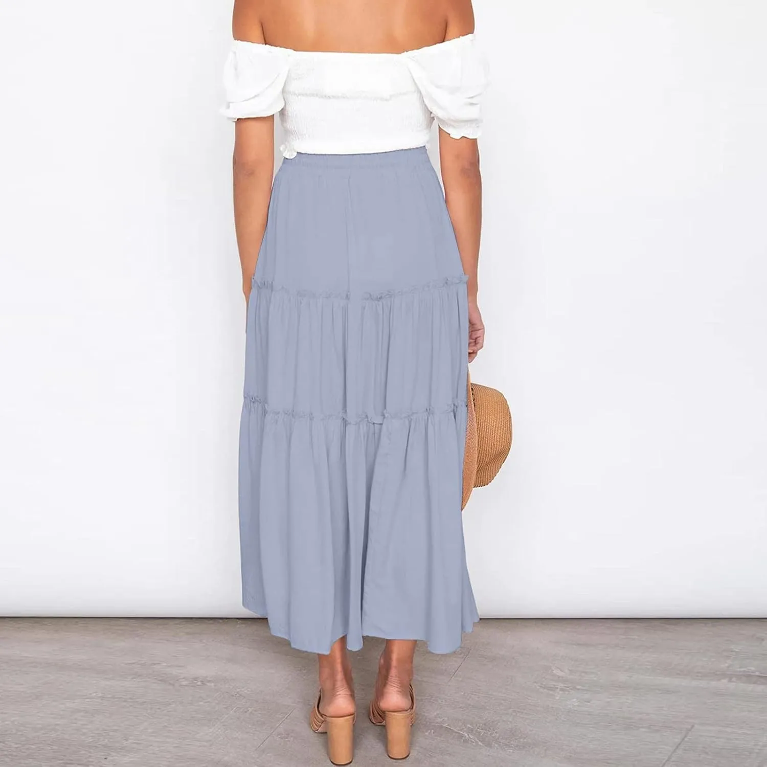 High Waisted Skirts for Women Bohemian Flowy A-Line Midi Length Casual Skirt Tiered Ruffles and Elastic Waistband