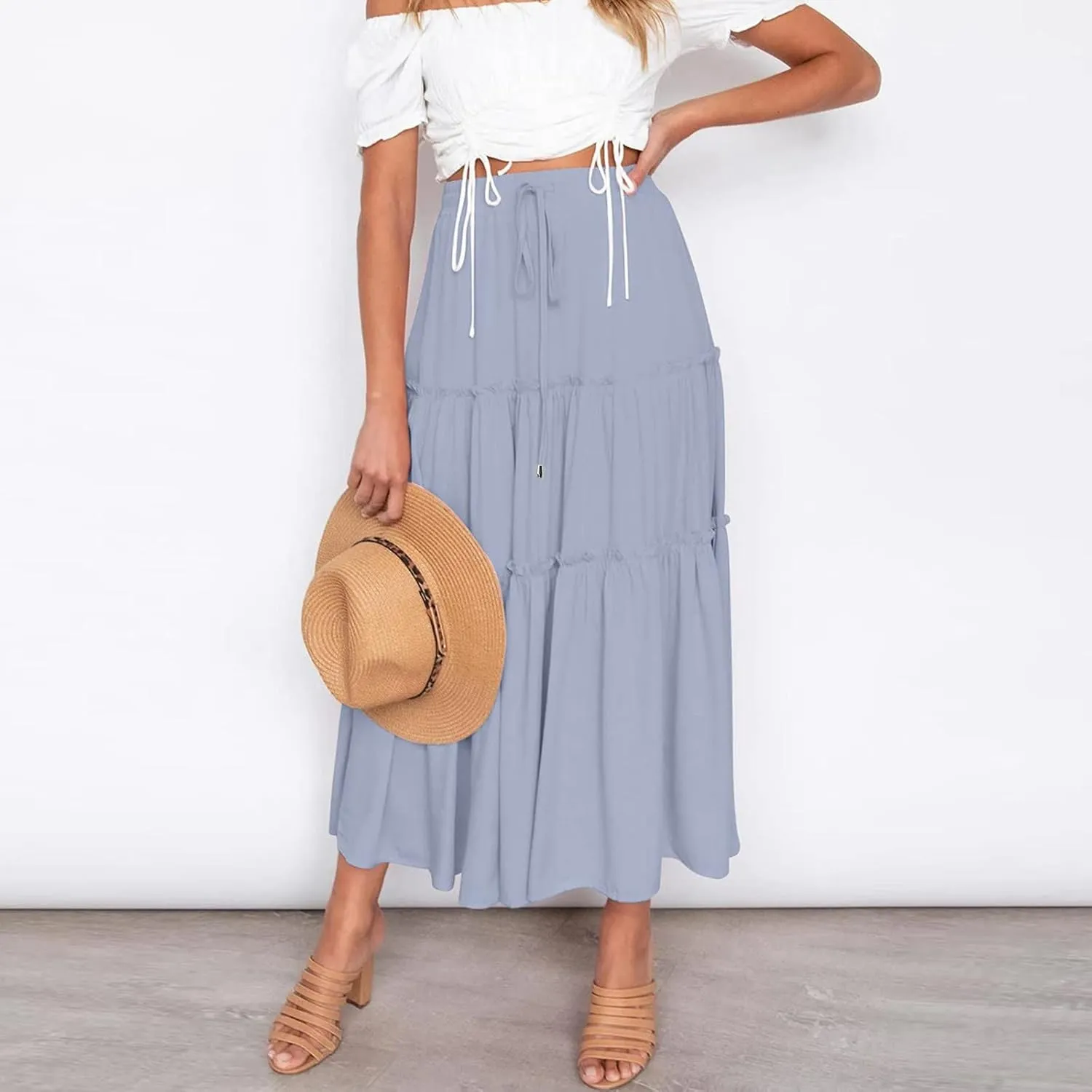 High Waisted Skirts for Women Bohemian Flowy A-Line Midi Length Casual Skirt Tiered Ruffles and Elastic Waistband