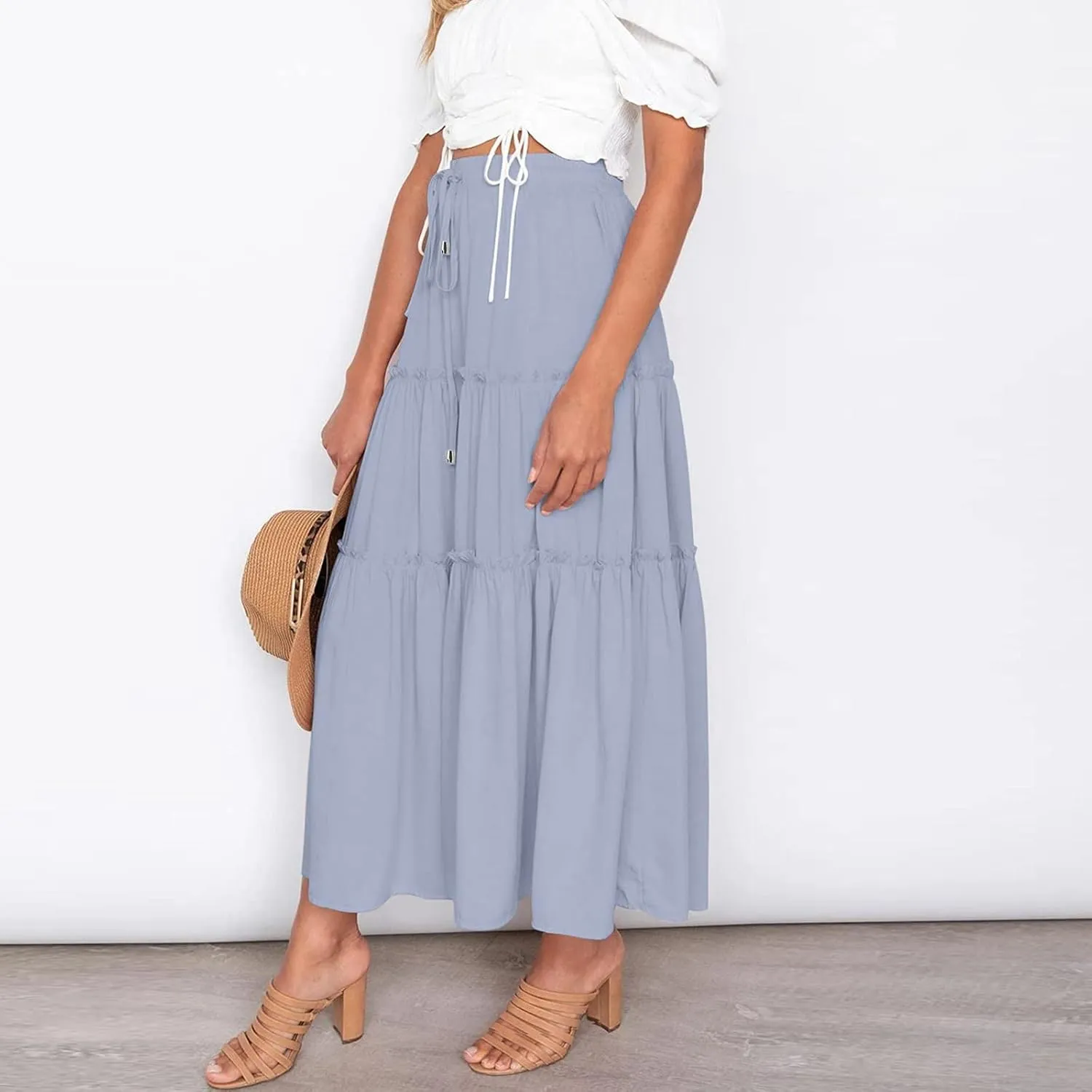High Waisted Skirts for Women Bohemian Flowy A-Line Midi Length Casual Skirt Tiered Ruffles and Elastic Waistband