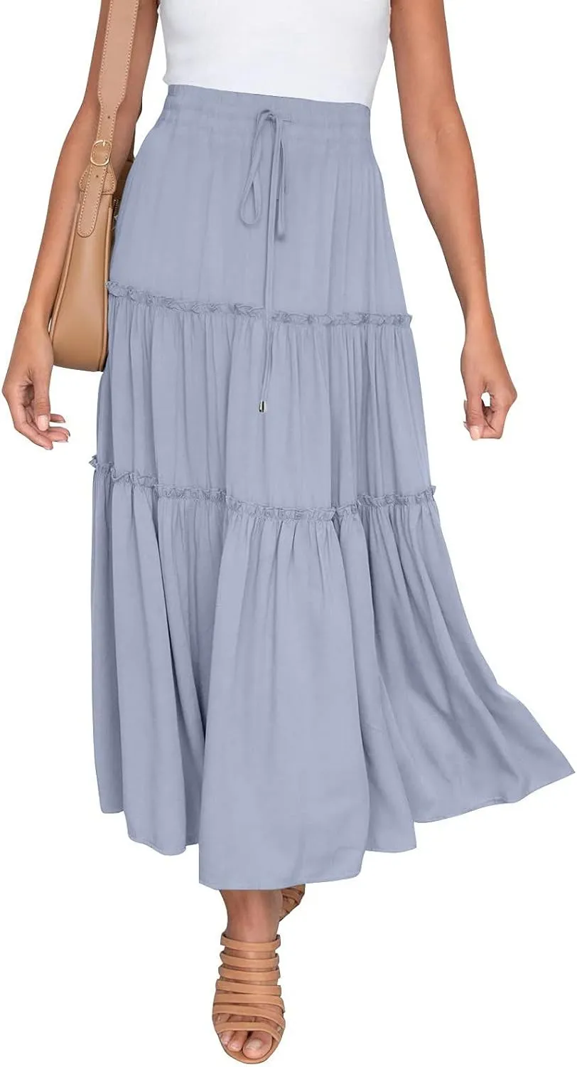 High Waisted Skirts for Women Bohemian Flowy A-Line Midi Length Casual Skirt Tiered Ruffles and Elastic Waistband