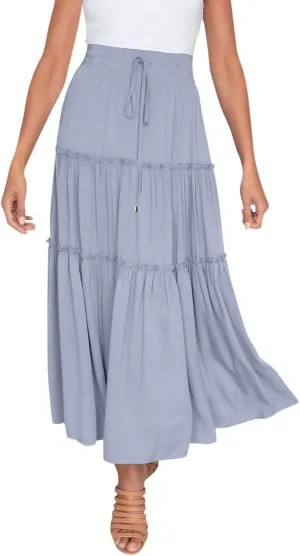 High Waisted Skirts for Women Bohemian Flowy A-Line Midi Length Casual Skirt Tiered Ruffles and Elastic Waistband