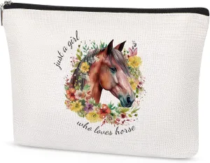 Horse Gifts for Girls Cute Horse Makeup Bag for Horses Lover Animal Lovers Travel Toiletry Organizer Canvas Small Case with Zipper Just A Girl Who Loves Horses