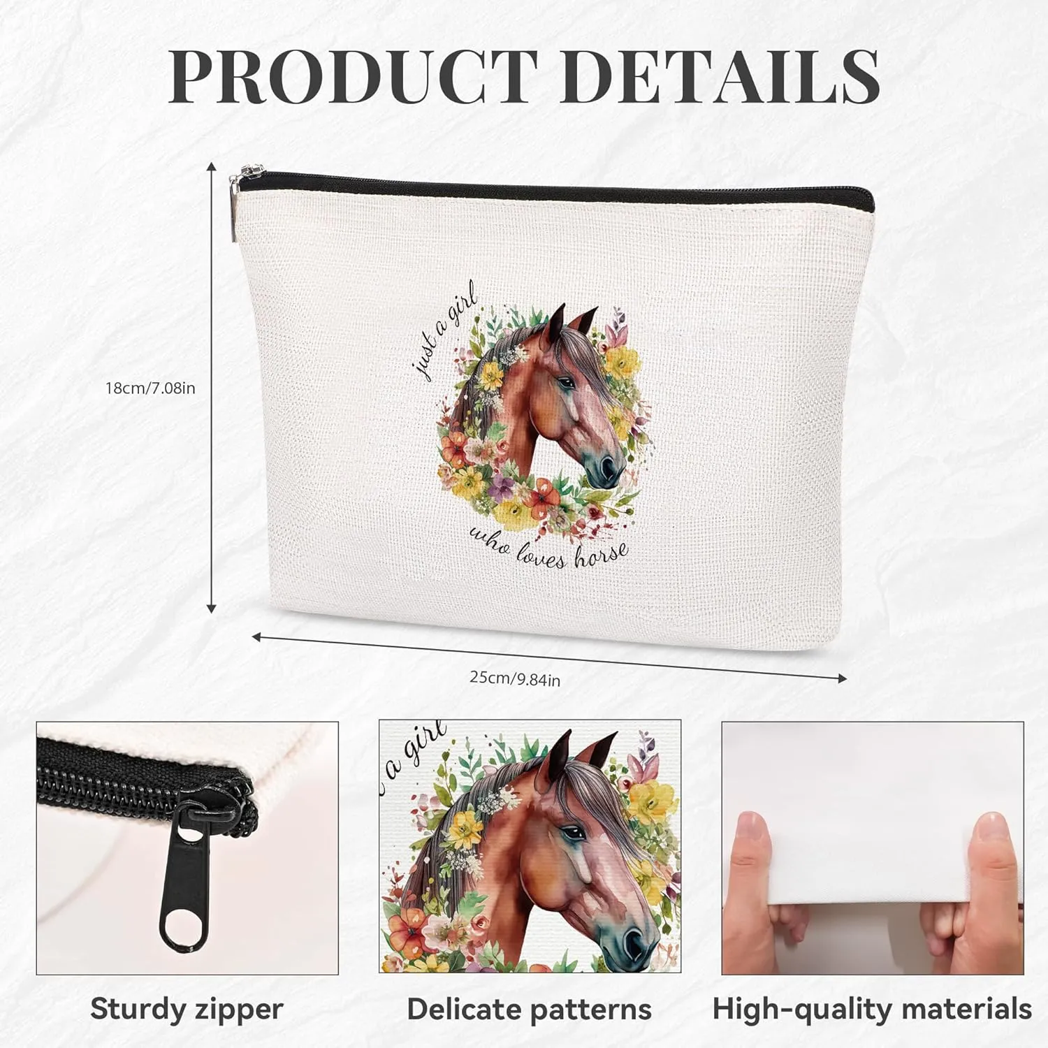 Horse Gifts for Girls Cute Horse Makeup Bag for Horses Lover Animal Lovers Travel Toiletry Organizer Canvas Small Case with Zipper Just A Girl Who Loves Horses