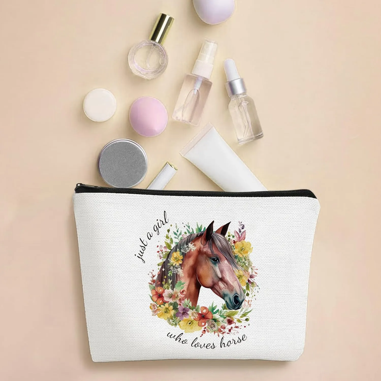Horse Gifts for Girls Cute Horse Makeup Bag for Horses Lover Animal Lovers Travel Toiletry Organizer Canvas Small Case with Zipper Just A Girl Who Loves Horses