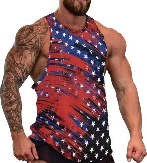 HOTYD American Flag Tank Tops Men Patriotic Tank Tops for Men 3D Print Summer Casual Quick Dry Sleeveless Muscle Shirts