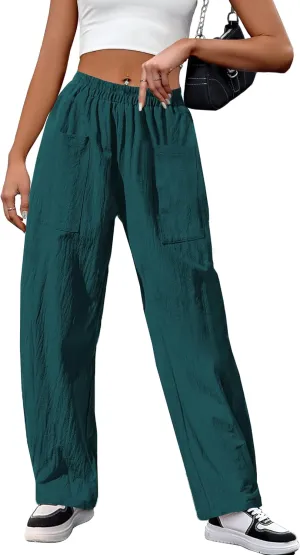 HVEPUO Womens Elastic High Waist Summer Wide Leg Pants Baggy Cotton Casual Palazzo Trousers Pull On Barrel Pants with Pockets