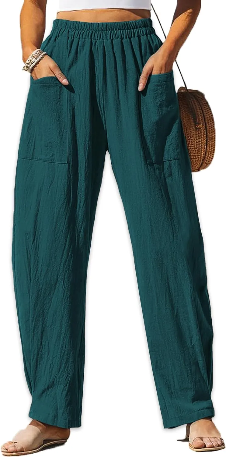 HVEPUO Womens Elastic High Waist Summer Wide Leg Pants Baggy Cotton Casual Palazzo Trousers Pull On Barrel Pants with Pockets