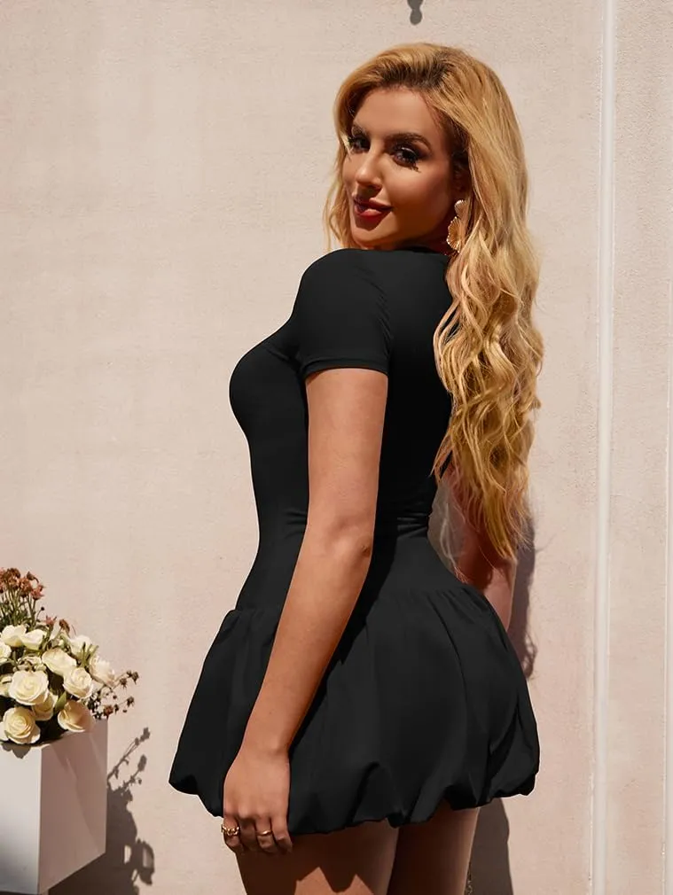 HYZ Women's Sexy Short Sleeve V Neck Y2k Party Super Stretch Bubble Hem Mini Dress