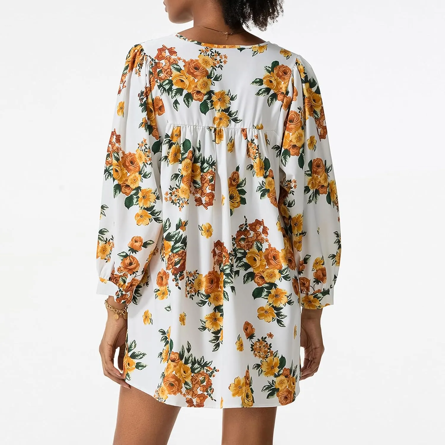 IMISSILLEB Women Boho Colorful Mini Dress Puff Sleeve V Neck Tiered Button Down Collared Dress Swing Flowy Tunic Short Dress