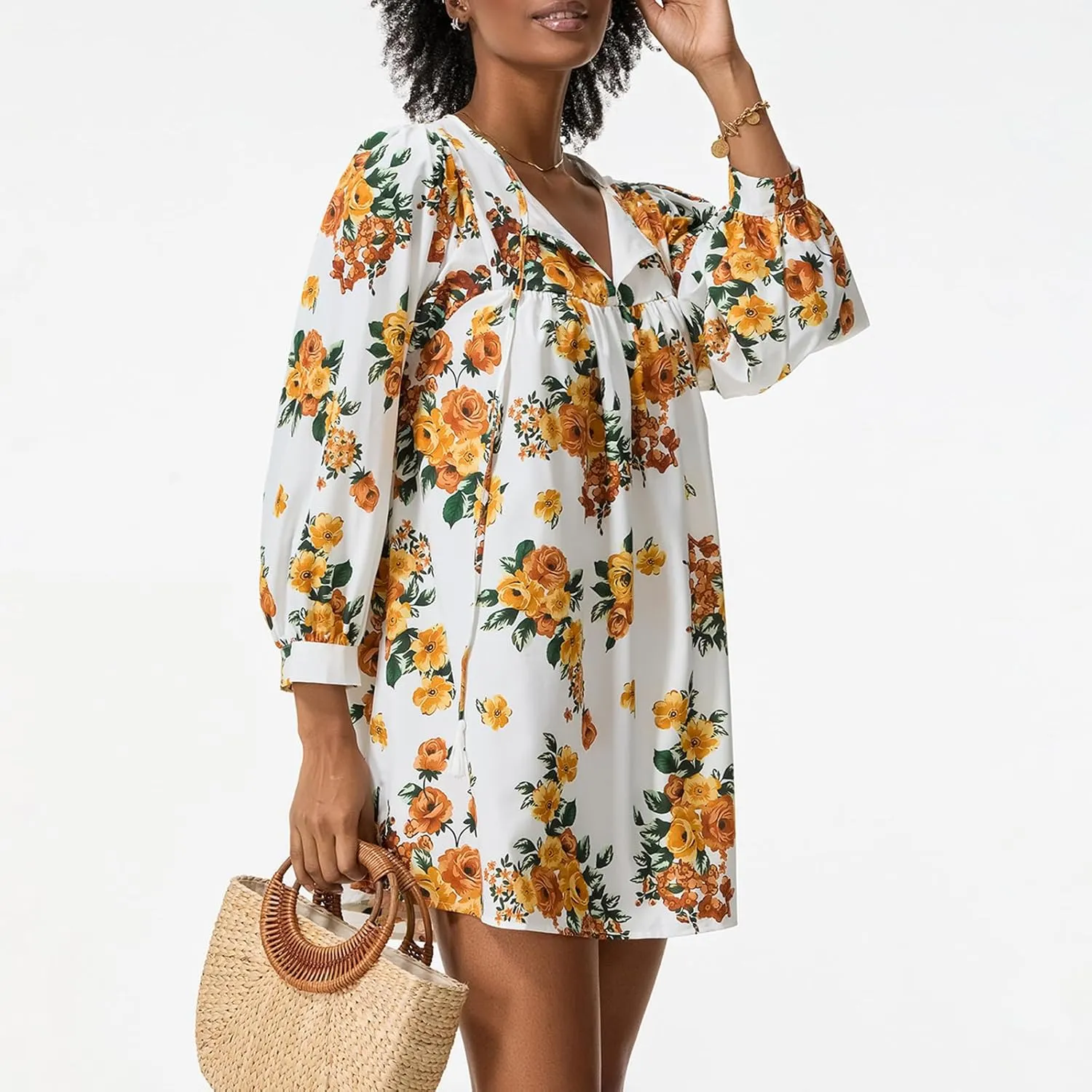 IMISSILLEB Women Boho Colorful Mini Dress Puff Sleeve V Neck Tiered Button Down Collared Dress Swing Flowy Tunic Short Dress