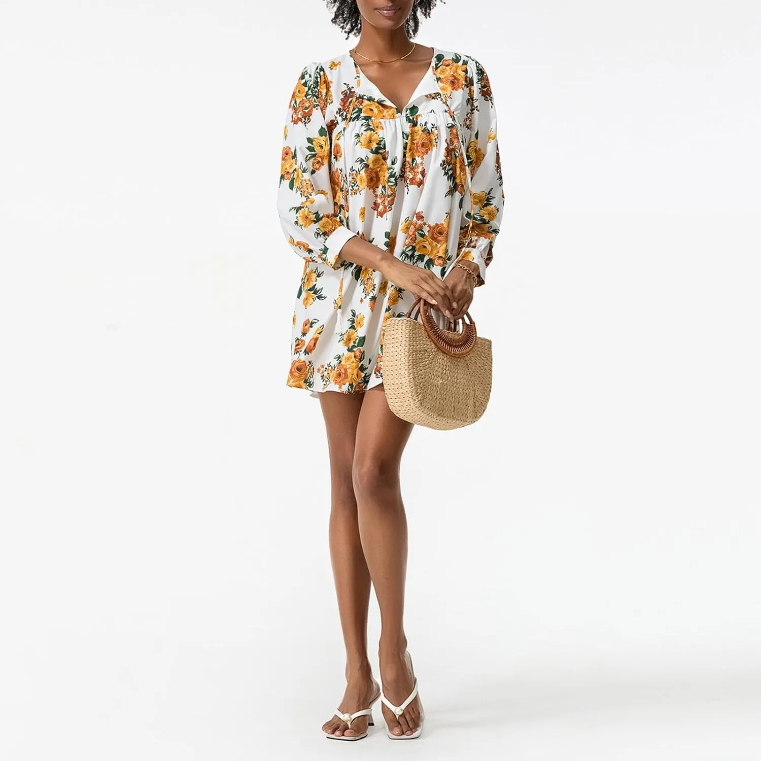 IMISSILLEB Women Boho Colorful Mini Dress Puff Sleeve V Neck Tiered Button Down Collared Dress Swing Flowy Tunic Short Dress