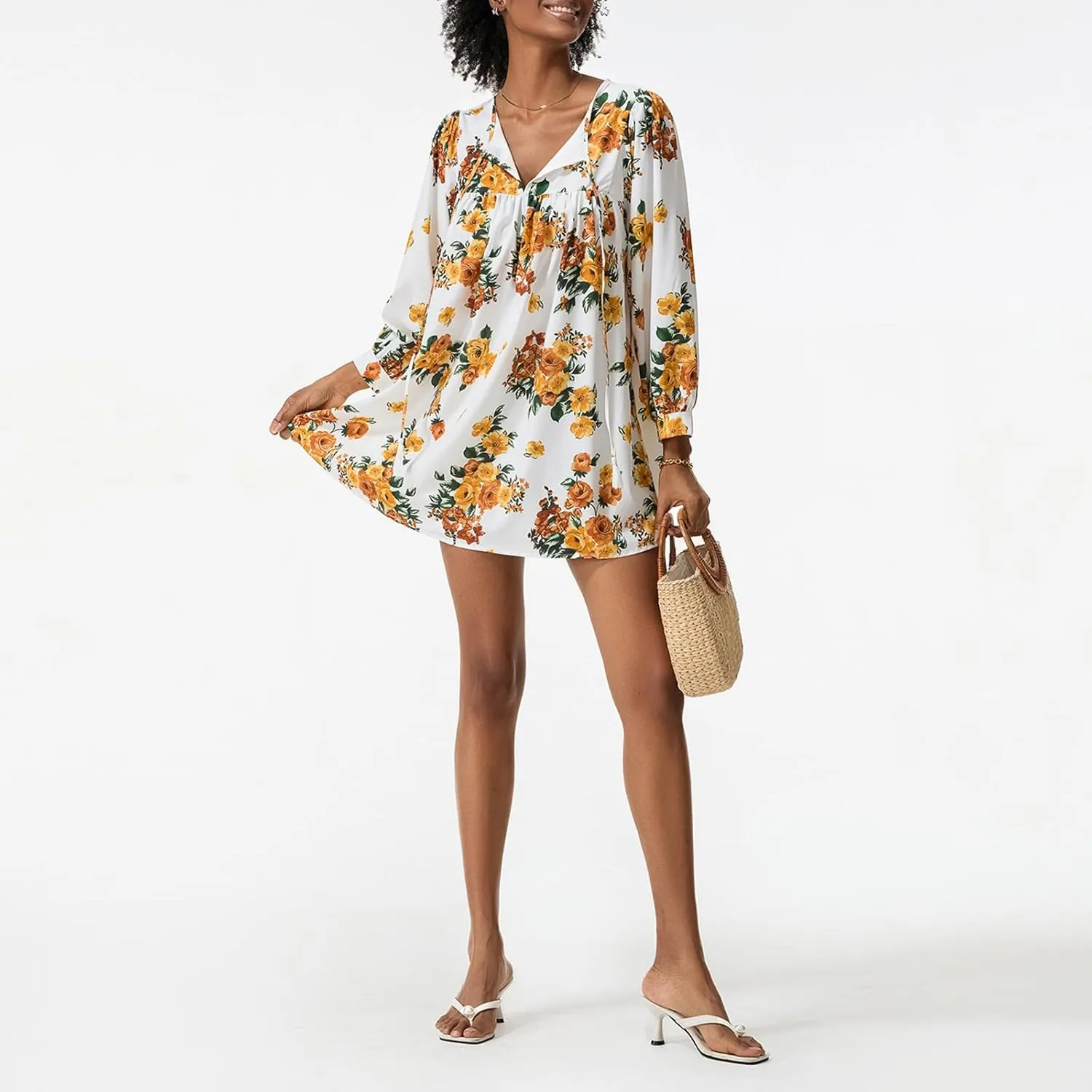 IMISSILLEB Women Boho Colorful Mini Dress Puff Sleeve V Neck Tiered Button Down Collared Dress Swing Flowy Tunic Short Dress