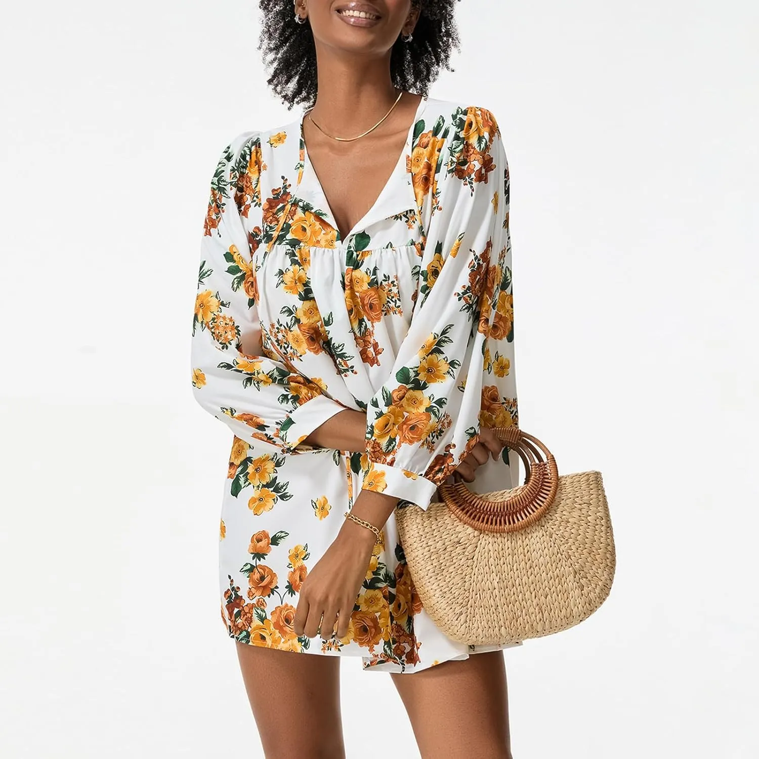 IMISSILLEB Women Boho Colorful Mini Dress Puff Sleeve V Neck Tiered Button Down Collared Dress Swing Flowy Tunic Short Dress