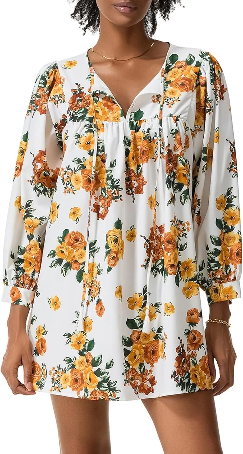 IMISSILLEB Women Boho Colorful Mini Dress Puff Sleeve V Neck Tiered Button Down Collared Dress Swing Flowy Tunic Short Dress