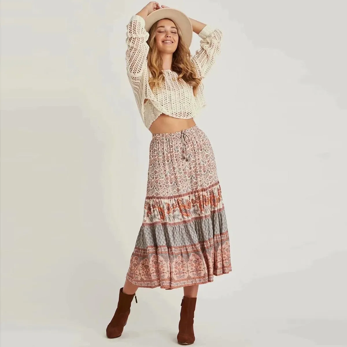 Jastie Vintage Floral Print Skirt Casual Drawstring Elastic Waist Midi Skirt Boho Hippie Chic Beach Skirts mujer faldas Bottom