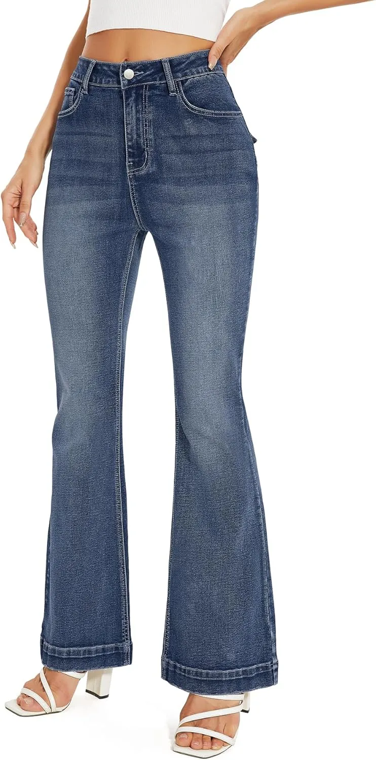 J.Corrine Women's Casual High Waisted Bell Bottom Jeans Flap Pockets Flare Leg Jeans