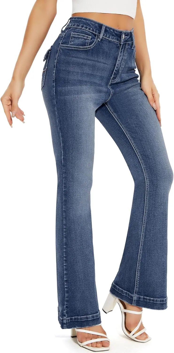 J.Corrine Women's Casual High Waisted Bell Bottom Jeans Flap Pockets Flare Leg Jeans