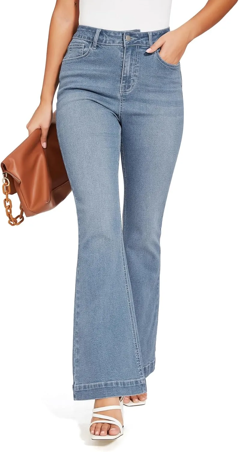 J.Corrine Women's Casual High Waisted Bell Bottom Jeans Flap Pockets Flare Leg Jeans