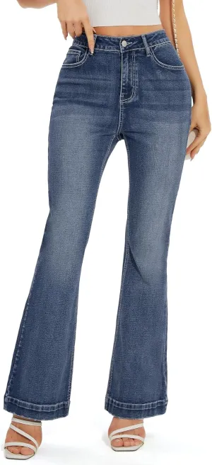 J.Corrine Women's Casual High Waisted Bell Bottom Jeans Flap Pockets Flare Leg Jeans
