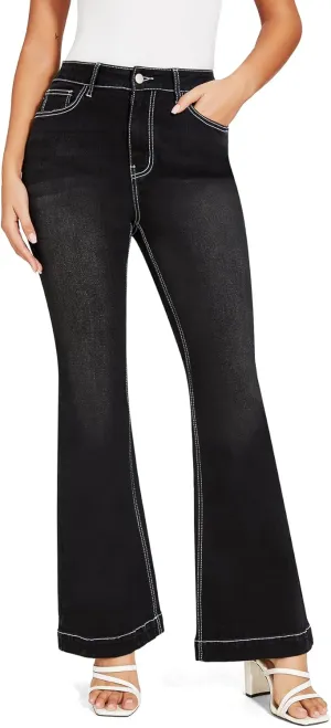 J.Corrine Women's Casual High Waisted Bell Bottom Jeans Flap Pockets Flare Leg Jeans
