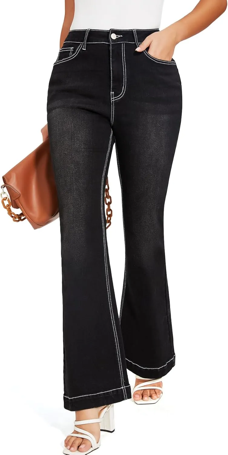 J.Corrine Women's Casual High Waisted Bell Bottom Jeans Flap Pockets Flare Leg Jeans