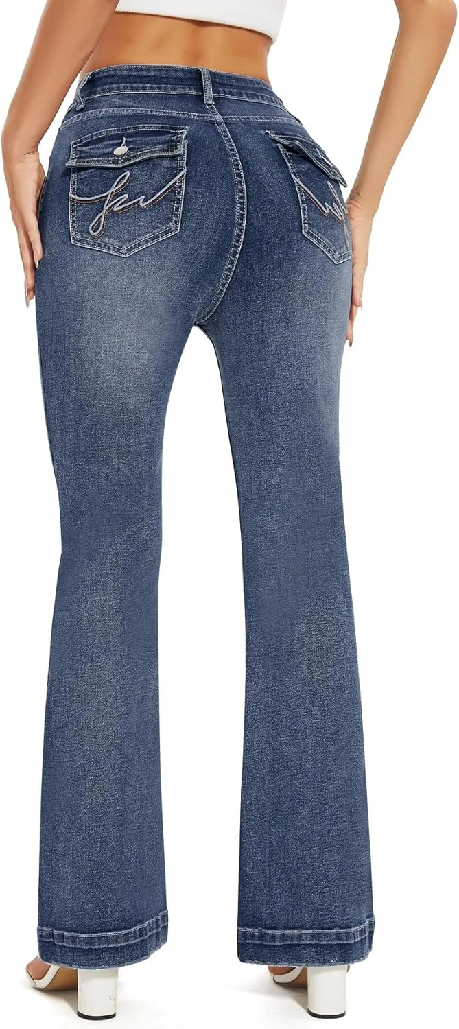 J.Corrine Women's Casual High Waisted Bell Bottom Jeans Flap Pockets Flare Leg Jeans