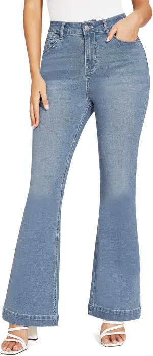 J.Corrine Women's Casual High Waisted Bell Bottom Jeans Flap Pockets Flare Leg Jeans