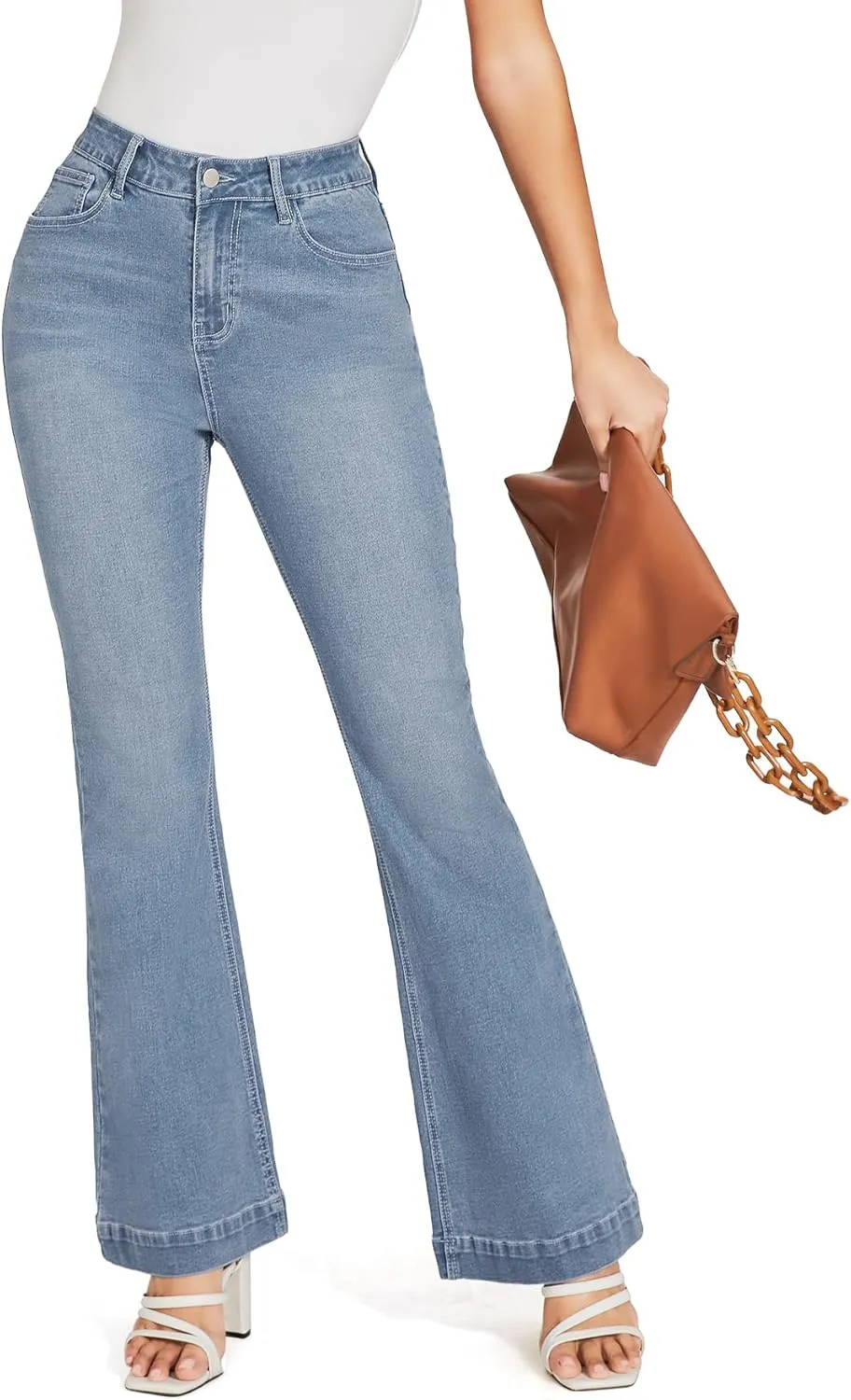 J.Corrine Women's Casual High Waisted Bell Bottom Jeans Flap Pockets Flare Leg Jeans
