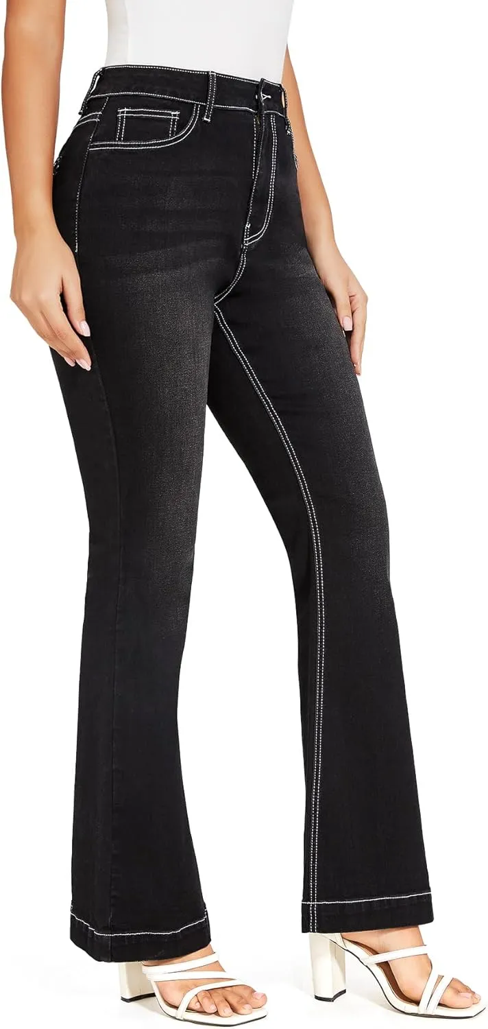 J.Corrine Women's Casual High Waisted Bell Bottom Jeans Flap Pockets Flare Leg Jeans