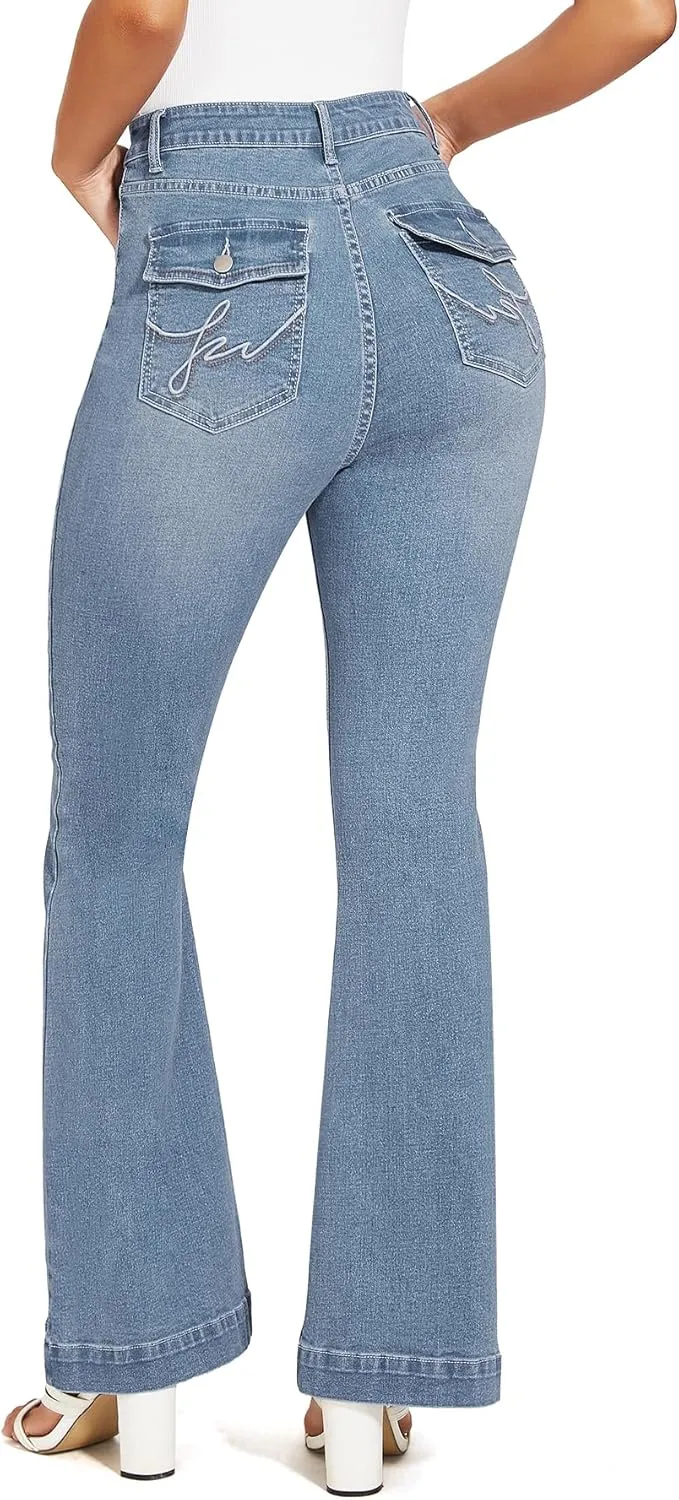 J.Corrine Women's Casual High Waisted Bell Bottom Jeans Flap Pockets Flare Leg Jeans