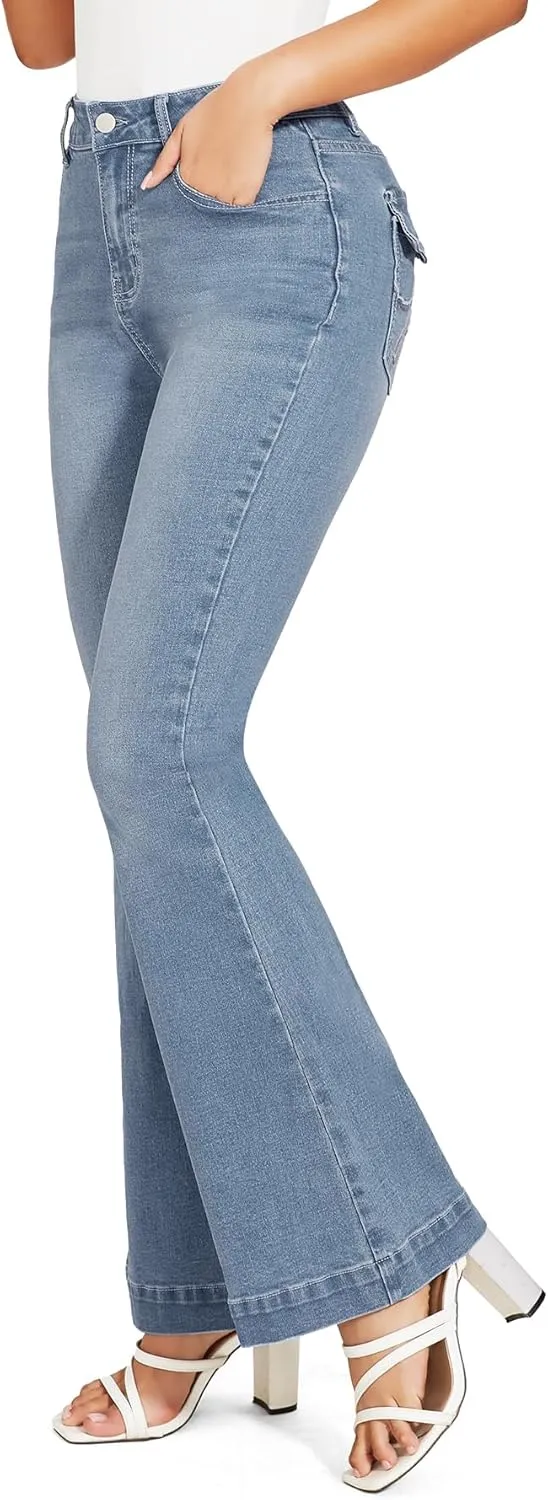 J.Corrine Women's Casual High Waisted Bell Bottom Jeans Flap Pockets Flare Leg Jeans