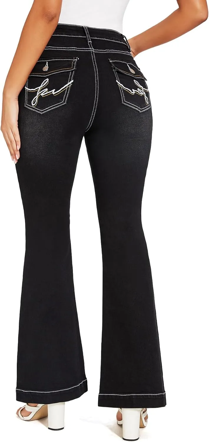 J.Corrine Women's Casual High Waisted Bell Bottom Jeans Flap Pockets Flare Leg Jeans