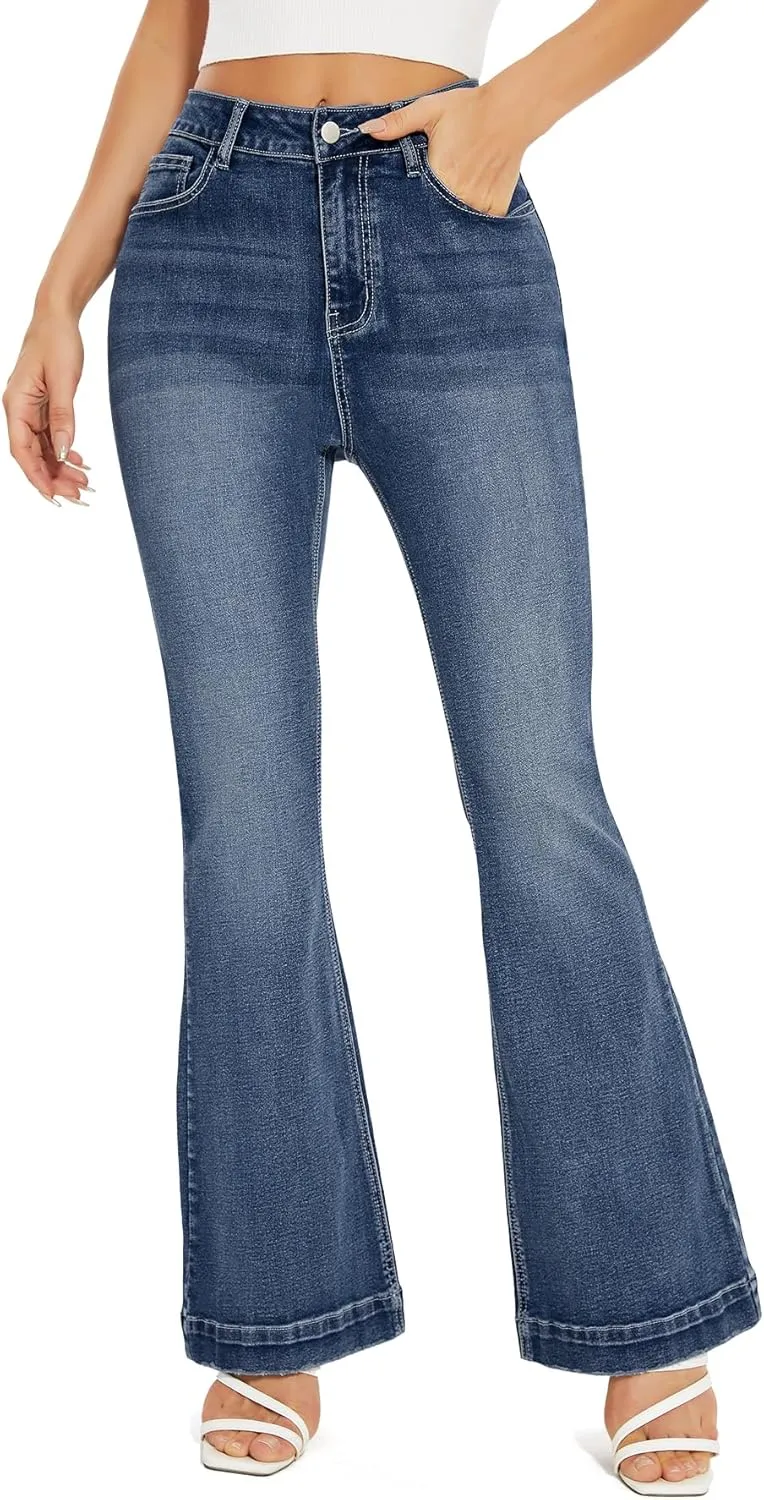 J.Corrine Women's Casual High Waisted Bell Bottom Jeans Flap Pockets Flare Leg Jeans