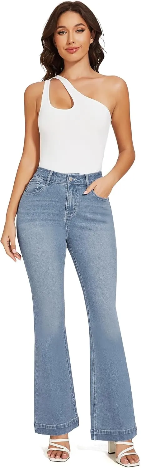 J.Corrine Women's Casual High Waisted Bell Bottom Jeans Flap Pockets Flare Leg Jeans