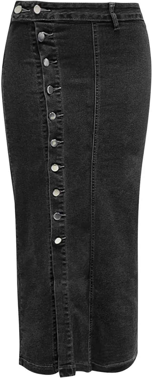 Jean Skirts for Women Denim Skirt Midi Length Elastic High Waisted Side Split Button Down Pants Asymmetrical Skirt