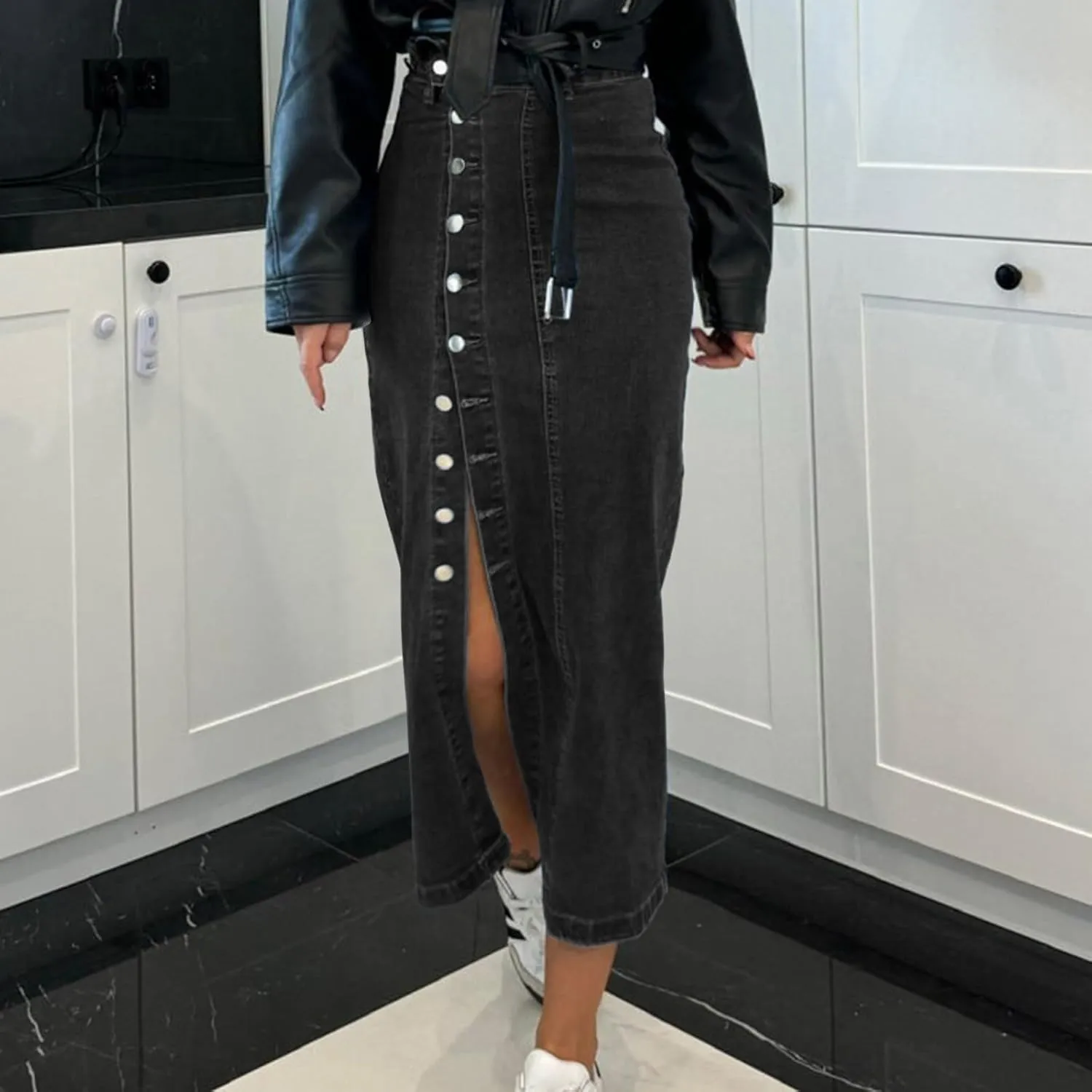 Jean Skirts for Women Denim Skirt Midi Length Elastic High Waisted Side Split Button Down Pants Asymmetrical Skirt