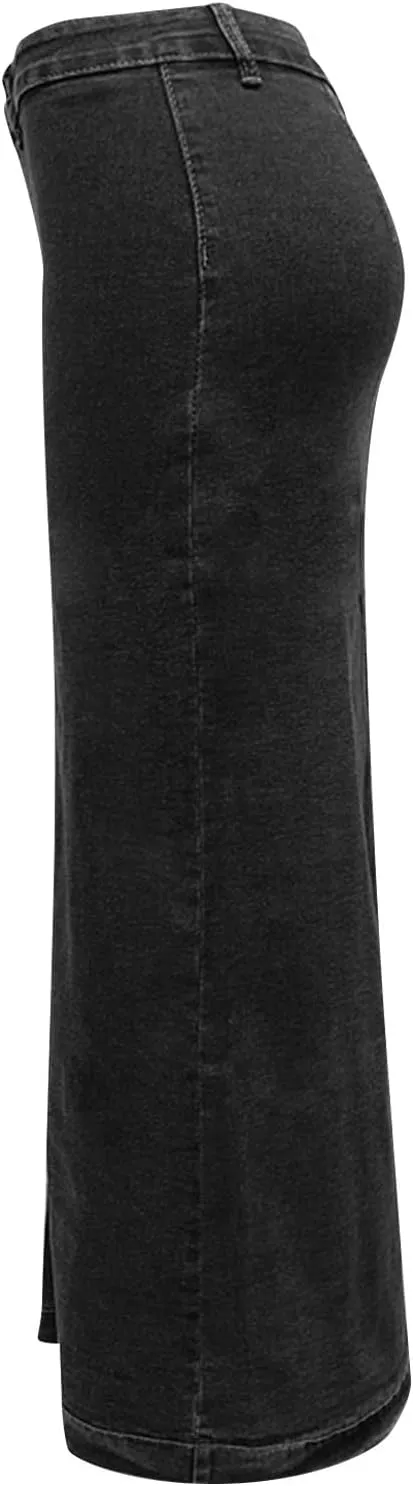 Jean Skirts for Women Denim Skirt Midi Length Elastic High Waisted Side Split Button Down Pants Asymmetrical Skirt