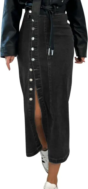 Jean Skirts for Women Denim Skirt Midi Length Elastic High Waisted Side Split Button Down Pants Asymmetrical Skirt
